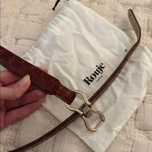 Rouje Tan Croc Embossed Belt with Gold Buckle